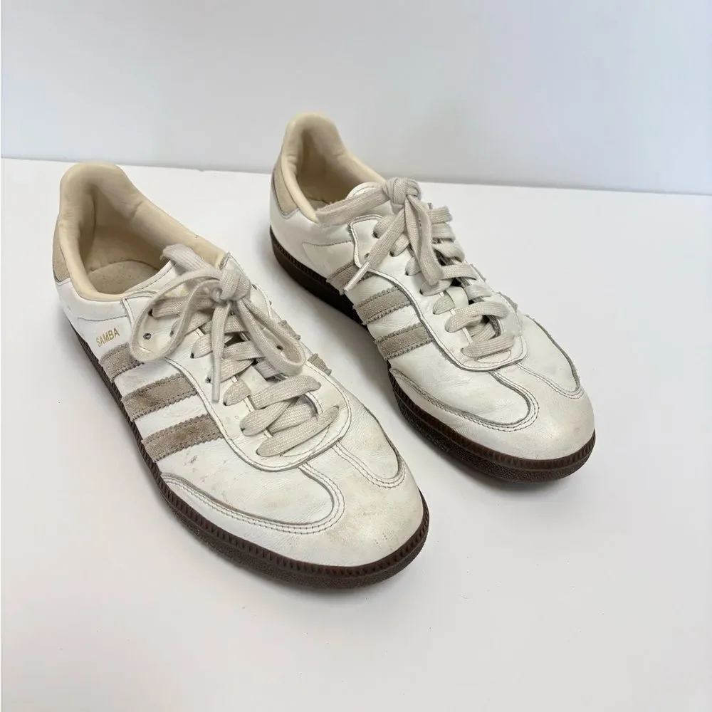 adidas Samba Leather White Brown Lace Up Rubber Outsole Womans Athletic Shoes8.5